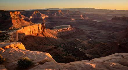 Vast canyon with rugged red rock formations bathed in the golden light of dawn.