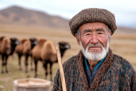 Elderly shepherd standing in steppe landscape with traditional clothes and wooden staff near a herd of camels - Powered by Adobe