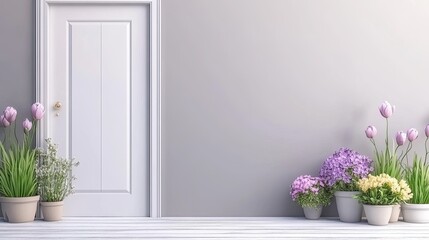 Fototapeta premium White door with intricate moldings stands out against a textured wall, complemented by a vibrant potted plant on the side