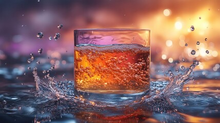 Sparkling drink in glass, splash, bokeh background, party
