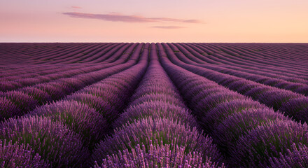 Fototapeta premium Endless lavender fields stretching towards the horizon, bathed in soft purple hues.