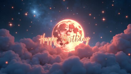 A dreamy celestial themed birthday scene with glowing moon and stars ‘Happy Birthday’ in a handwritten font