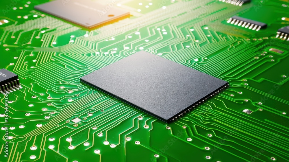 Poster Close-Up View of an Abstract Circuit Pattern on a Green Printed Circuit Board PCB with Detail