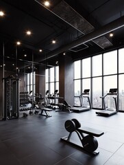 Modern urban gym with city view featuring treadmills and strength equipment