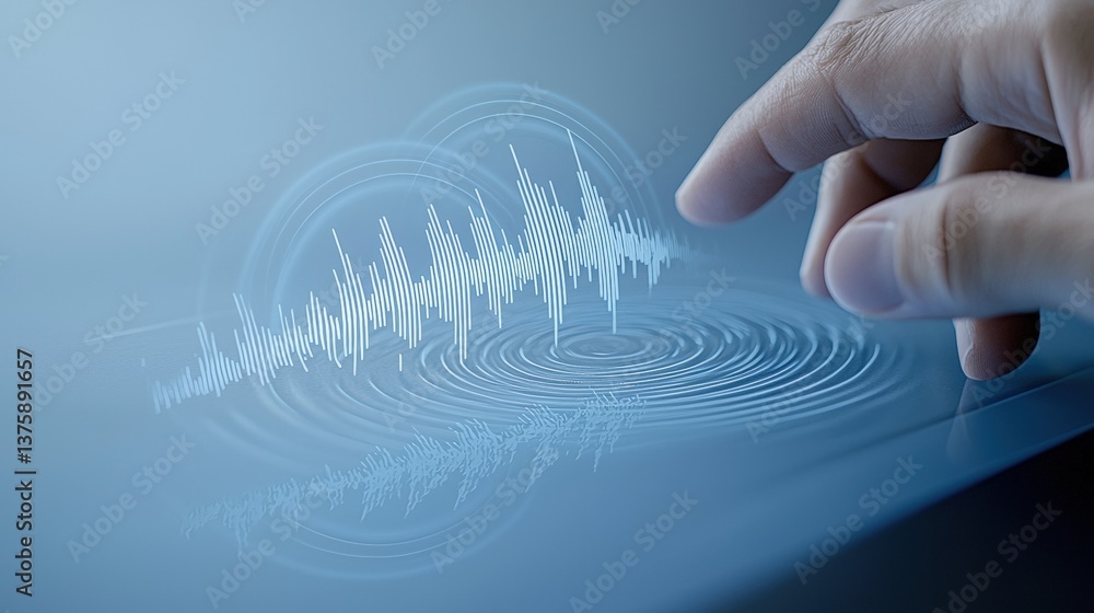 Poster artistic close-up of a finger interacting with a monitor displaying visualized sound waves pattern