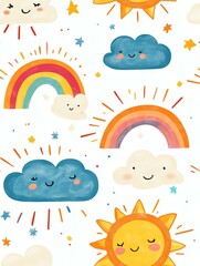 cute seamless A cheerful pattern featuring smiling clouds, sunny faces, and colorful rainbows, perfect for cheerful designs.