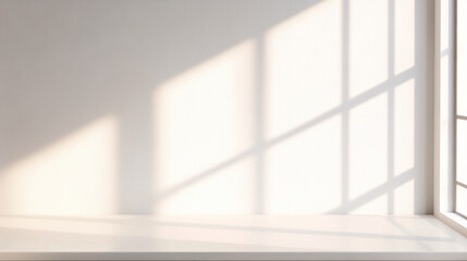 Fototapeta premium Minimal abstract light gray background empty room for product presentation. Soft shadow and light from windows on white wall.