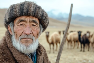 Nomadic herder in traditional winter clothing standing with wooden staff in steppe with camels in background