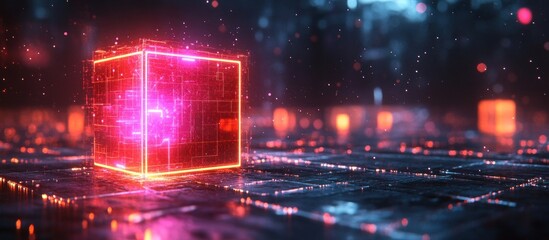 Fototapeta premium Futuristic glowing cube on digital surface