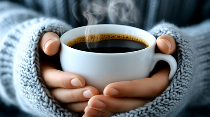 A close-up of a person’s hands holding a steaming cup of coffee, soft natural morning light, cozy atmosphere, knitted sweater
