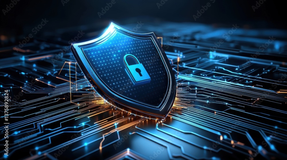 Poster futuristic cybersecurity shield protecting digital information and network access glowing blue circu