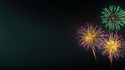 Fototapeta premium Close-Up of Three Sparkling Fireworks in Night Sky Featu Green Gold and Pink Bursts of Light