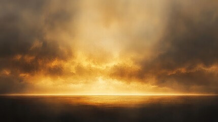 Obraz premium A serene and dreamlike horizon with a golden glow casts light upon the water under a dramatic cloudy sky. The atmosphere is tranquil creating a sense of peace and wonder.