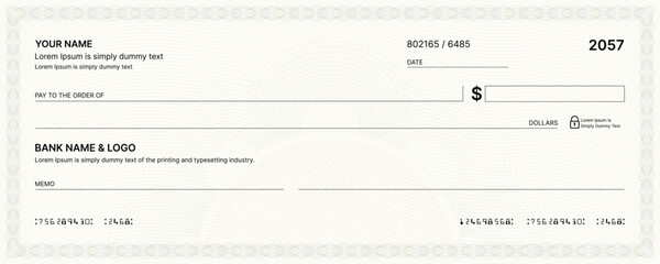 Blank bank check, checkbook cheque template or money payment paper voucher, vector mockup. Business or personal account cash pay cheque certificate or paycheck coupon from checkbook