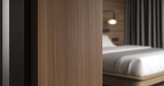 Un mur vide en bois d'une chambre au premier plan et lit confortable avec draps propres et rideaux gris ferm&eacute;s en arri&egrave;re-plan, image avec espace pour texte