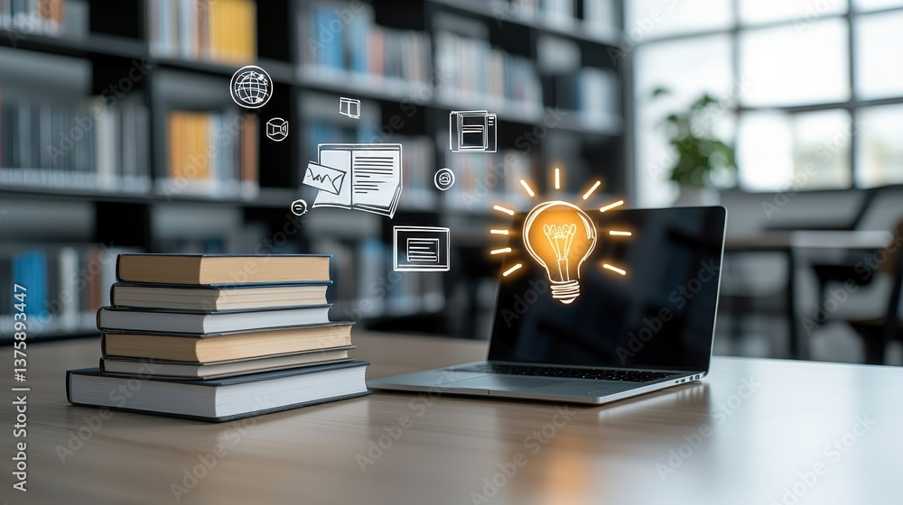 Aufkleber a laptop books and an illuminated light bulb symbol suggest a dynamic workspace focused on education