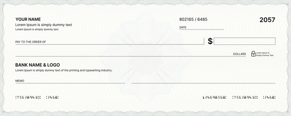 Blank bank check, checkbook cheque template or money payment paper voucher, vector mockup. Business or personal account cash pay cheque certificate or paycheck coupon from checkbook