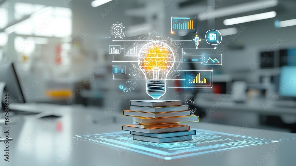 Poster bright light bulb representing innovative ideas and technology surrounded by data analytics and repo