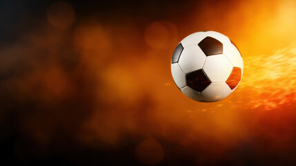 Fototapeta premium dynamic scene featuring football spinning through air, surrounded by fiery background, evokes excitement and energy