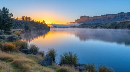 Fototapeta premium Sunrise over misty lake, canyon sunrise, peaceful nature scene