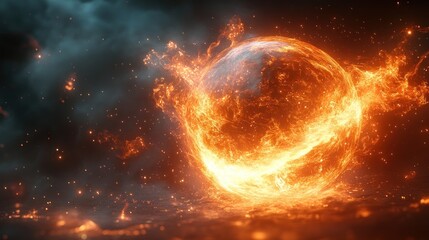 Obraz premium Burning Planet, Fiery Sphere, Dark Background, Smoky Clouds