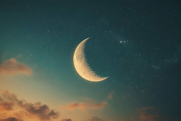 A beautiful crescent moon and stars in the dark night sky
