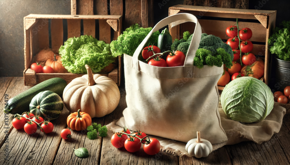 Poster Freshly harvested vegetables displayed in a rustic setting with natural light illuminating the scene