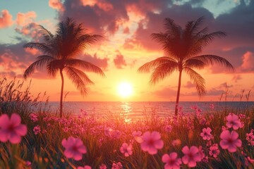 Obraz premium Tropical sunset beach with pink flowers