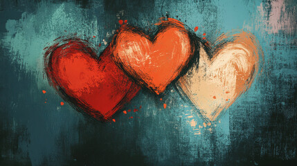 Heart-themed digital artwork with colorful scribble hearts in red ochre, dusty cyan, lemon cream