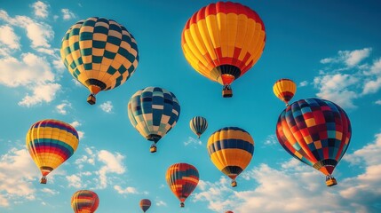 Obraz premium Colorful hot air balloons soaring in a vibrant sky with clouds