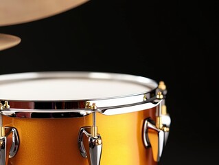 Fototapeta premium Close-up of a Snare Drum Gold-hued Rim with Shiny Metal Hardware on a Dark Background for Music Lovers