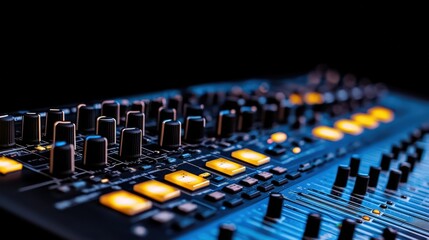 Fototapeta premium Detailed View of Illuminated Modern Mixing Console Control Surface with Knobs Faders and Buttons Display