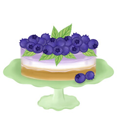 Blueberry cake pie on a cake stand, sweet berry dessert with mint, still life style png illustration.
