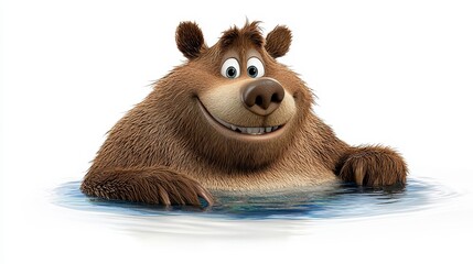 Playful Brown Cartoon Bear in Water, Cheerful Expression, White Background