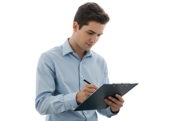 Focused Young Man Writing on Clipboard PNG Cutout Isolated on PNG Background.