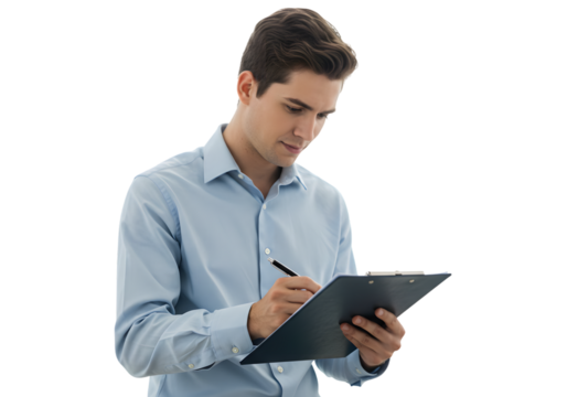 Focused Young Man Writing on Clipboard PNG Cutout Isolated on PNG Background.