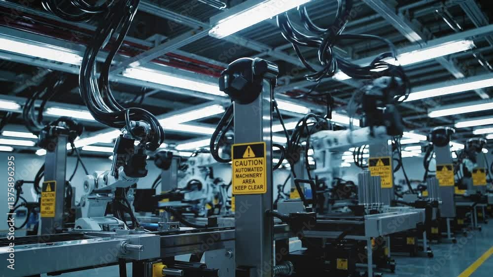 Poster wide view of an automated manufacturing line with multiple robotic arms assembling parts under brigh
