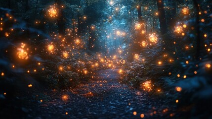 Naklejka premium Magical glowing lanterns pathway in mystical forest at night