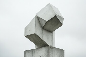 A concrete sculpture with geometrical shapes against a light sky