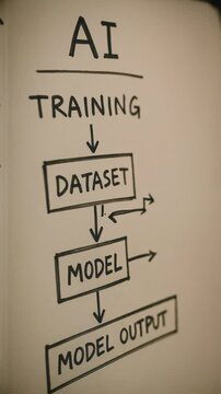 Simple hand-drawn AI training process on a whiteboard, showing the path from dataset to model output with arrows and labels in a vertical diagram style.