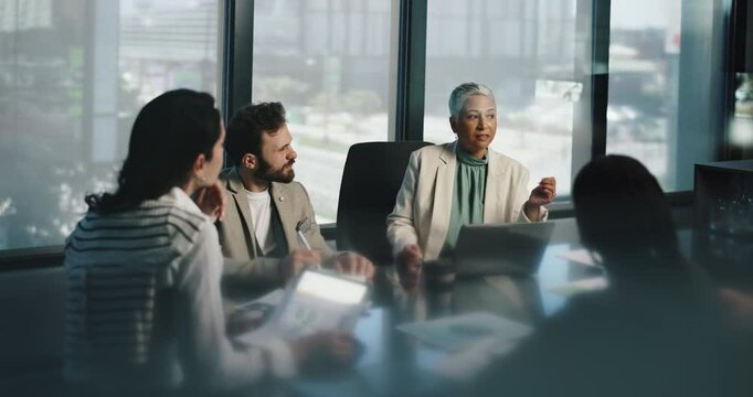 Meeting, conversation and business people in office, planning and feedback for stats. Group, coworking and employees with discussion, financial advice and laptop with review for income report or talk