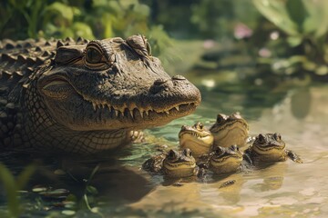 Obraz premium An alligator and its young reside within a murky waterway