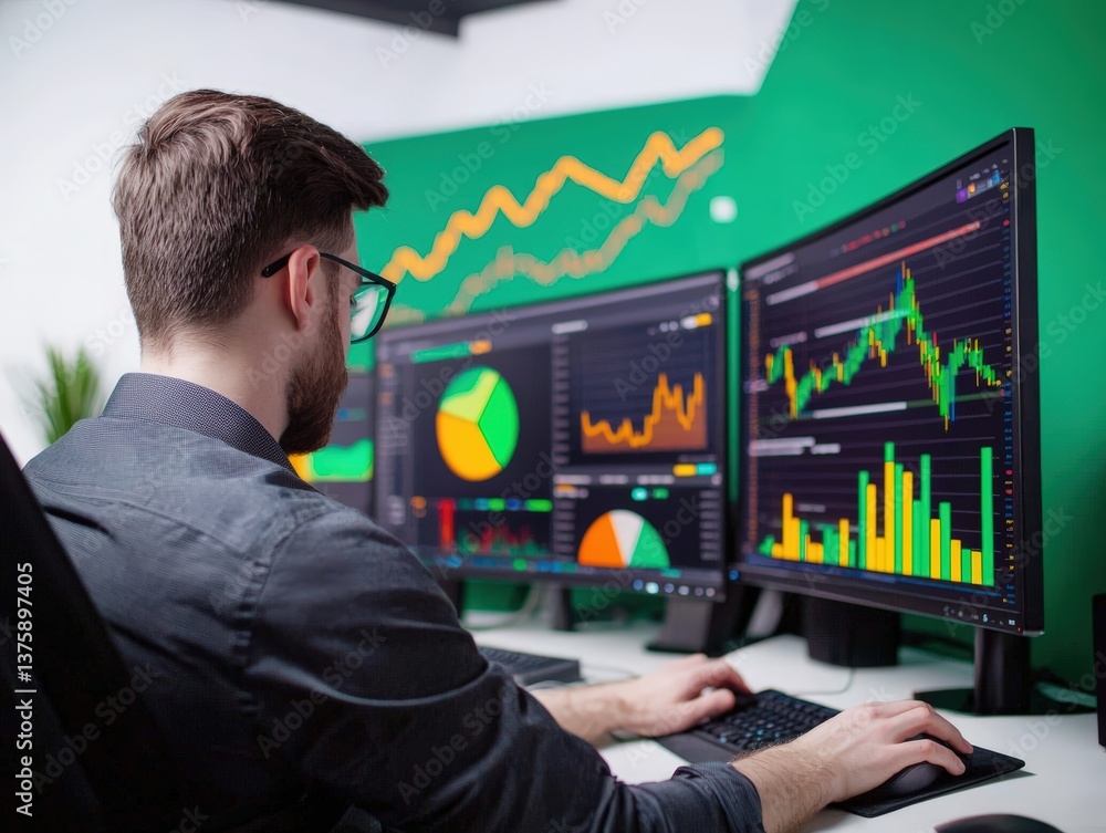 Poster it professional analyzing financial data on multiple monitors with charts and graphs in modern offic