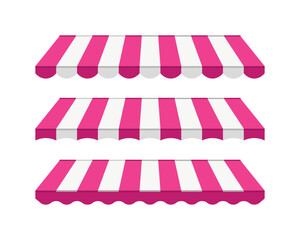 Striped awning set for cafe, shop, restaurant, hotel, store. Cafe sunshade, store canopy, cafe or market tent. Striped roof with pink and white stripes for pizzeria, street food.
