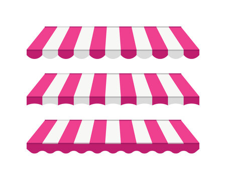 Striped awning set for cafe, shop, restaurant, hotel, store. Cafe sunshade, store canopy, cafe or market tent. Striped roof with pink and white stripes for pizzeria, street food.