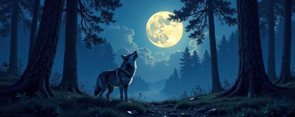 Fototapeta premium Moonlit forest scene with a lone howling wolf in the distance, nature, moonlight