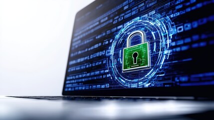 Close-up of a futuristic digital lock interface with glowing green padlock encircled by blue circuitry