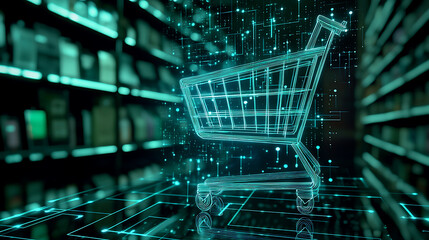 Digital shopping cart concept virtual store 3d graphic high-tech environment futuristic viewpoint
