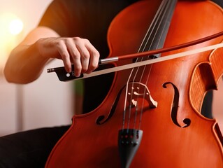 Close-up of hands skillfully playing a beautifully crafted cello with bow poised across the sts