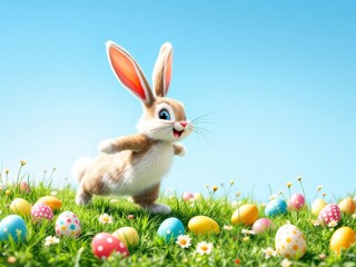 Fototapeta premium A cheerful cartoon Easter bunny amidst colorful eggs in a grassy meadow.